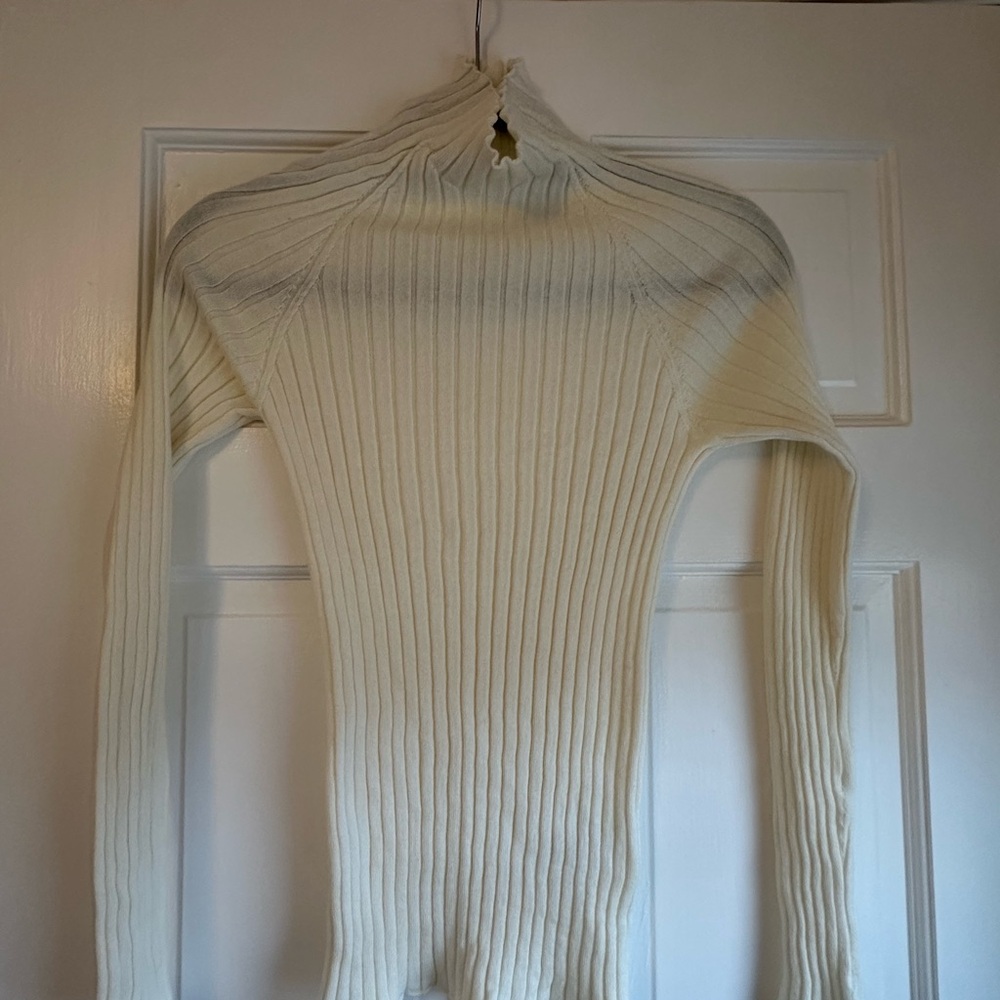 Sezane Cream Ribbed Mockneck Blouse